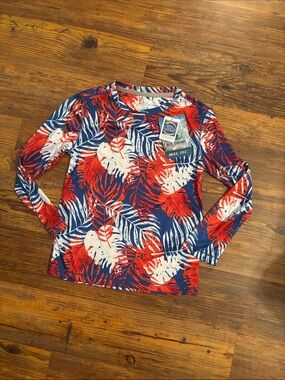 Reel Legends Tropical Leaf Performance Top Swim Rashgaurd Navy, Red, White